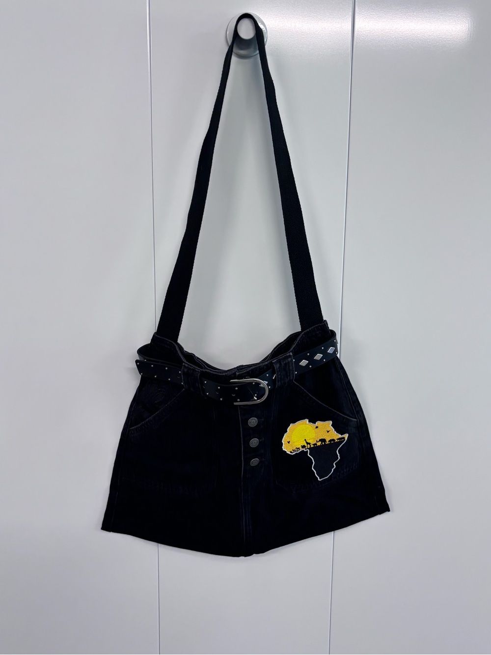 Moody's Booty Bags Upcycled Denim Crossbody Bag Black Africa Patch Studded Belt
